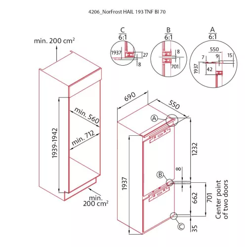 NODOR - Beépíthető hűtőszekrény kombinált NorFrost HAIL-193 TNF BI 70 + Ajándék Hűtőtáska